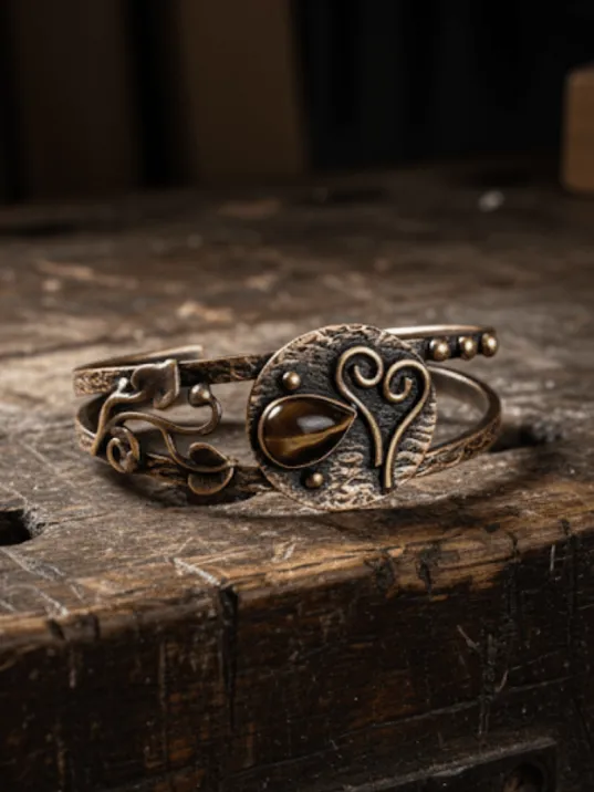 Kadın Bakır Bileklik -  Kalp Detaylı Kaplan Gözlü Kadın Bilezik Doğal Taşlar ve Metal Kutulu