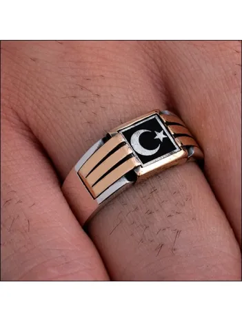 Erkek Gümüş Yüzük - Ay Yıldız Bayrak Model İnce Kibar Erkek Yüzüğü