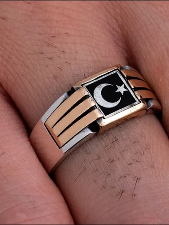 Erkek Gümüş Yüzük - Ay Yıldız Bayrak Model İnce Kibar Erkek Yüzüğü