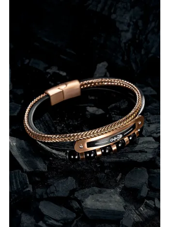 Doğal Oniks Taşlı Deri Çelik 3 Lü Erkek Bileklik Çapa Motifli