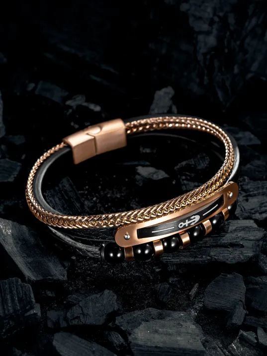 Doğal Oniks Taşlı Deri Çelik 3 Lü Erkek Bileklik Çapa Motifli