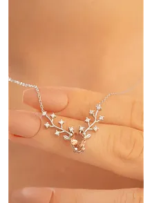 Kadın Gümüş Kolye - Zultanit Taşlı Geyik Kafası Motifli Rose Altın Kaplama Gümüş Kolye