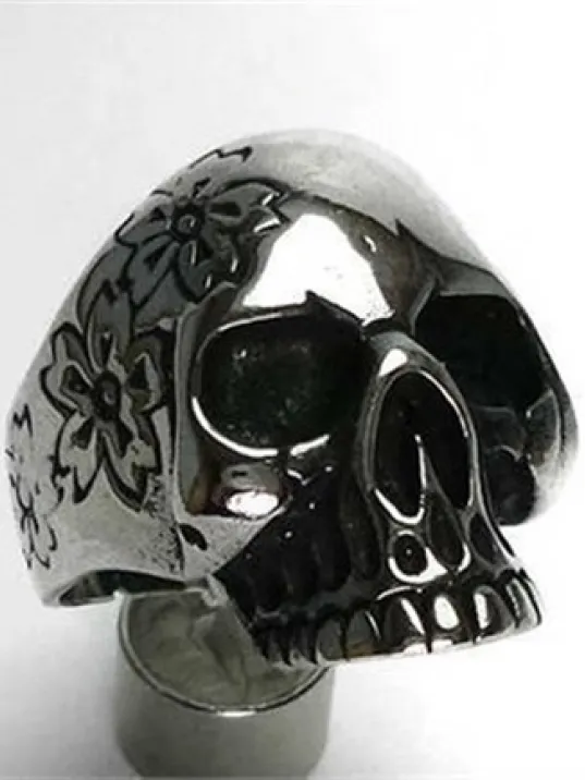 Çiçekli Kurukafa Gotik Gümüş Erkek Yüzüğü