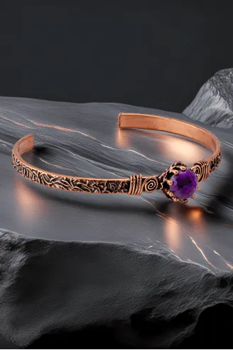 Kadın Bakır Bileklik Yüzük Set - Ametist Taşlı Ağaç Kabuğu Model İnce Metal Kutu Kuvars Taşlı Set
