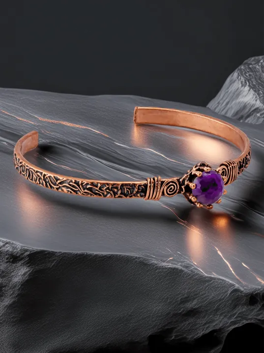 Kadın Bakır Bileklik Yüzük Set - Ametist Taşlı Ağaç Kabuğu Model İnce Metal Kutu Kuvars Taşlı Set