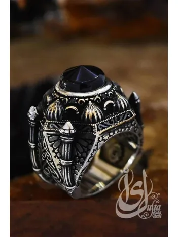 İslam Usta Tasarımı Siyah Kubbe Model Gümüş Erkek Yüzük GYZISLMSTM6-GMS
