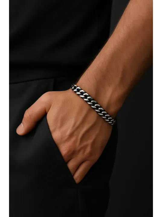 Erkek Çelik Bileklik - Yassı Gurmet Zincir Oksitli Model Siyah Renk Erkek Bileklik
