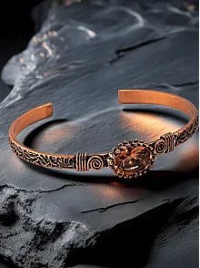 Kadın Bakır Bileklik Yüzük Set - Zultanit Taşı Mekik Ağaç Kabuğu Model İnce Metal Kutu Kuvars Taşlı