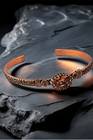 Kadın Bakır Bileklik Yüzük Set - Zultanit Taşı Mekik Ağaç Kabuğu Model İnce Metal Kutu Kuvars Taşlı