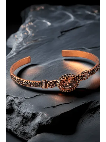 Kadın Bakır Bileklik Yüzük Set - Zultanit Taşı Mekik Ağaç Kabuğu Model İnce Metal Kutu Kuvars Taşlı