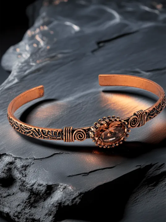 Kadın Bakır Bileklik Yüzük Set - Zultanit Taşı Mekik Ağaç Kabuğu Model İnce Metal Kutu Kuvars Taşlı