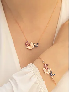 Kadın Gümüş Kolye Bileklik Set - Rose Kelebek Model Gümüş Kolye Bileklik Set