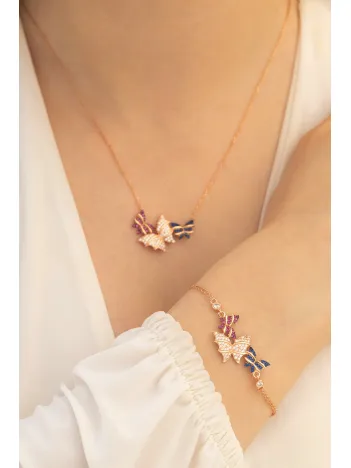Kadın Gümüş Kolye Bileklik Set - Rose Kelebek Model Gümüş Kolye Bileklik Set