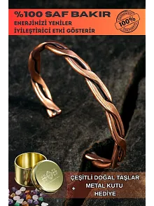Copper Knit Bakır Kelepçe Bilezik Erkek Kadın Doğal Taşlar ve Metal Kutulu