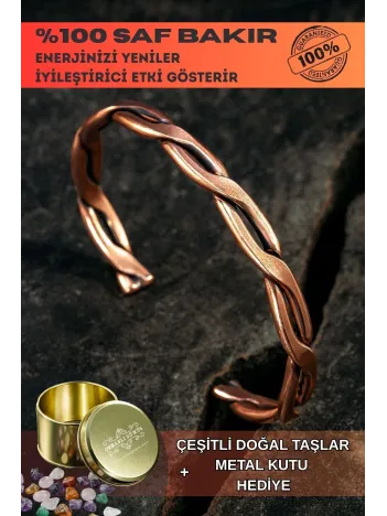 Copper Knit Bakır Kelepçe Bilezik Erkek Kadın Doğal Taşlar ve Metal Kutulu