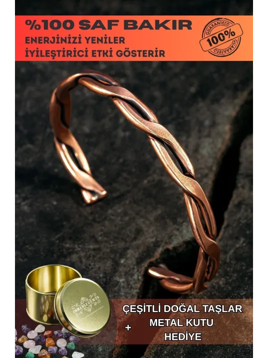 Copper Knit Bakır Kelepçe Bilezik Erkek Kadın Doğal Taşlar ve Metal Kutulu Copper Knit Bakır Kelepçe Bilezik Erkek Kadın Doğal Taşlar ve Metal Kutulu