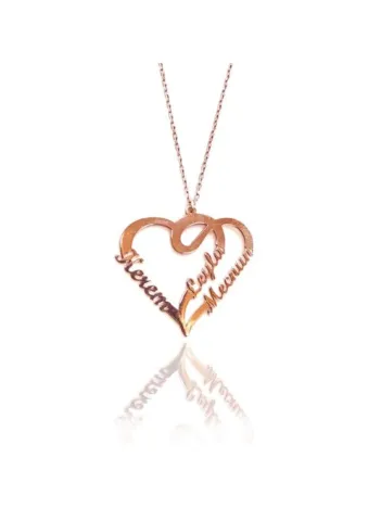 Çift Kalp Kişiye Özel İsimli Bayan Rose Renk Kolye GKLALT3ISMK