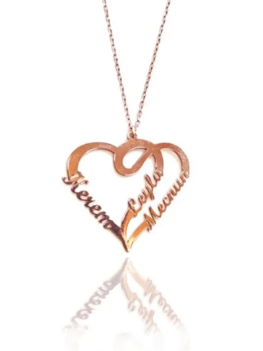 Çift Kalp Kişiye Özel İsimli Bayan Rose Renk Kolye GKLALT3ISMK