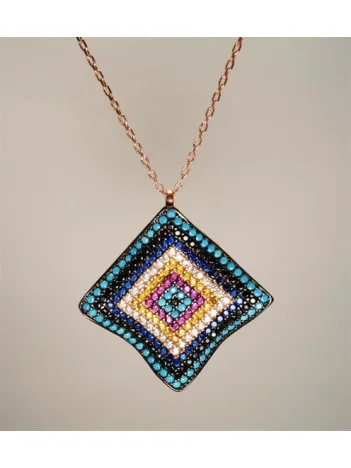 Kare Dalgalı Nazarlık Modeli Bayan Gümüş Kolye Büyük Boy