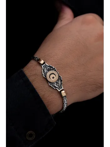 Erkek Gümüş Bileklik - Ayyıldız İşlemeli Kral Zincirli 925 Ayar Gümüş Bileklik