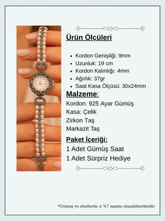 Linda İnci ve Markazit Taş Detaylı Bayan Gümüş Saat