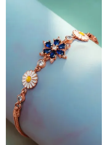Kadın Gümüş Bileklik - Rose Kaplama Lacivert Safir Taşlı Nergis Çiçeği Motifli Bilezik