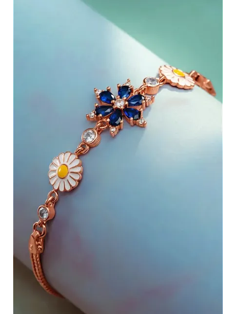 Kadın Gümüş Bileklik - Rose Kaplama Lacivert Safir Taşlı Nergis Çiçeği Motifli Bilezik