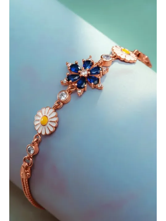 Kadın Gümüş Bileklik - Rose Kaplama Lacivert Safir Taşlı Nergis Çiçeği Motifli Bilezik Kadın Gümüş Bileklik - Rose Kaplama Lacivert Safir Taşlı Nergis Çiçeği Motifli Bilezik