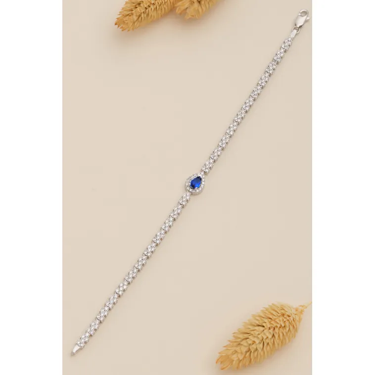 Kadın Gümüş Bileklik - Safir Taşlı Damla Model Zirkon Süslemeli Kadın Bileklik Kadın Gümüş Bileklik - Safir Taşlı Damla Model Zirkon Süslemeli Kadın Bileklik