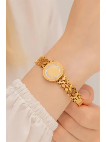 Kadın Bileklik-22 Ayar Gerçek Altın Kaplama(kararmaz) Çelik Kadın Kelepçe-Boncuklu Başak Model