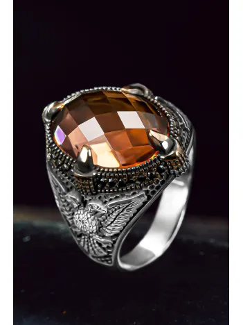 Erkek Gümüş Yüzük - Zultanit Taşlı Yanı Çift Başlı Kartal Motifli Erkek Yüzük Erkek Gümüş Yüzük - Zultanit Taşlı Yanı Çift Başlı Kartal Motifli Erkek Yüzük