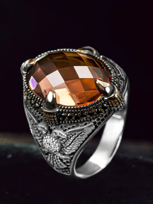 Erkek Gümüş Yüzük - Zultanit Taşlı Yanı Çift Başlı Kartal Motifli Erkek Yüzük