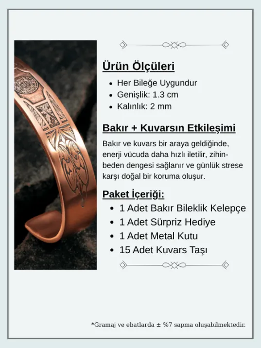 Saf Bakır Bileklik Silinmez Koruma Dualı Hz. Süleyman Metal Kutu Doğal Taşlar Kadın Erkek Kelepçe