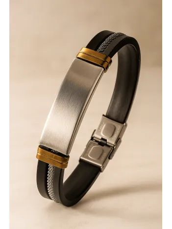 Erkek İsim Yazılabilir Hasır Detaylı Kauçuk Çelik Bileklik Künye