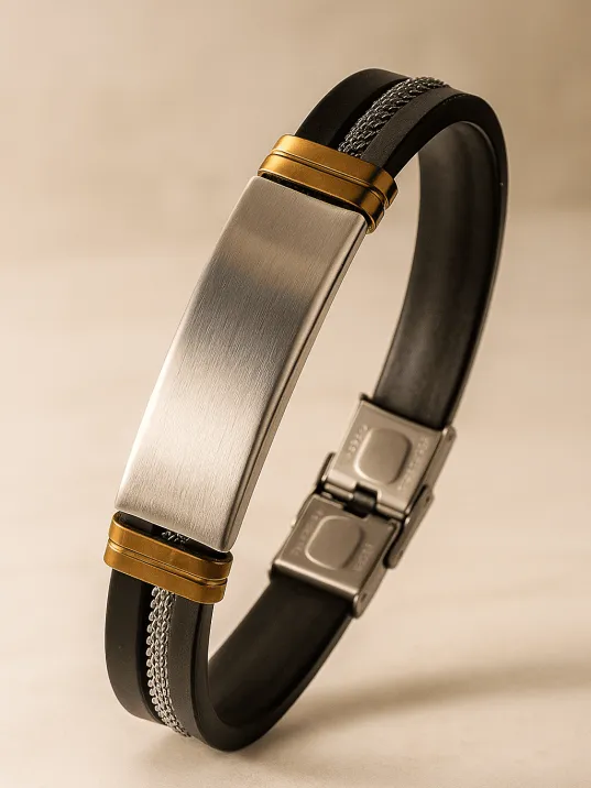 Erkek İsim Yazılabilir Hasır Detaylı Kauçuk Çelik Bileklik Künye