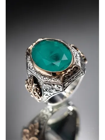 925 Ayar Yeşil Parabia Taşlı Erkek Gümüş Yüzük GYZYZKEND15-YSL