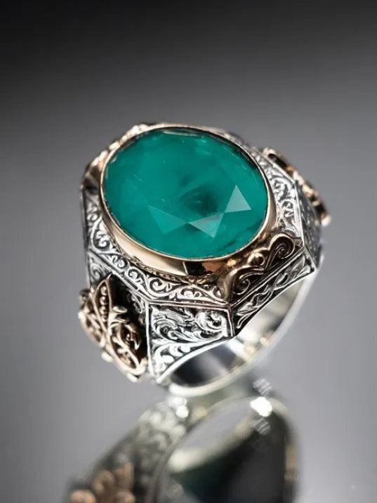 925 Ayar Yeşil Parabia Taşlı Erkek Gümüş Yüzük GYZYZKEND15-YSL