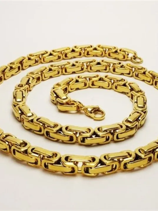 Altın Kaplama Sarı Kral Erkek Çelik Kolye Bileklik Set Orta Kalınlıkta 65cm