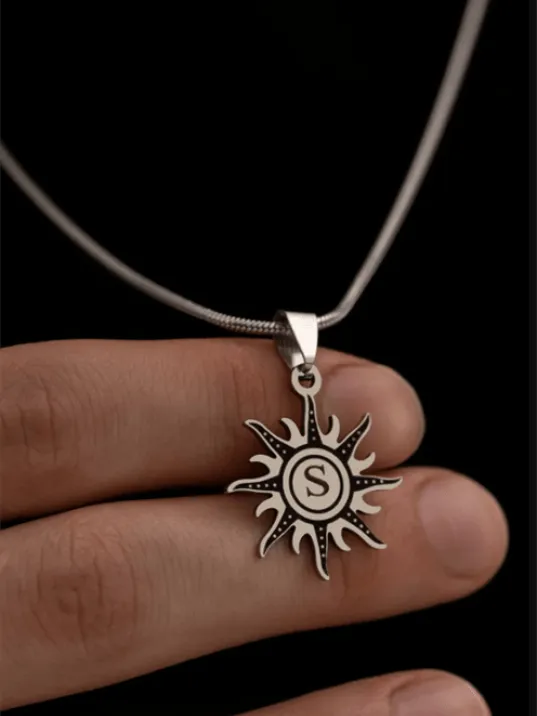 Erkek Kolye - Kadın Kolye - Güneş Model Ortası Harfli Çelik Kolye - 316 L Paslanmaz Çelik