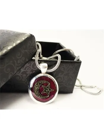 Bordo Mineli Ay Yıldız Erkek Gümüş Kolye Zincir