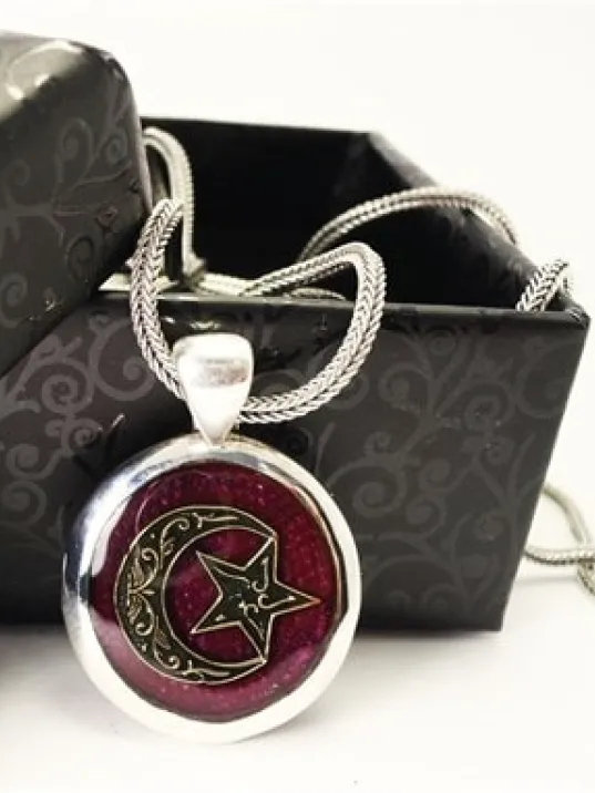 Bordo Mineli Ay Yıldız Erkek Gümüş Kolye Zincir