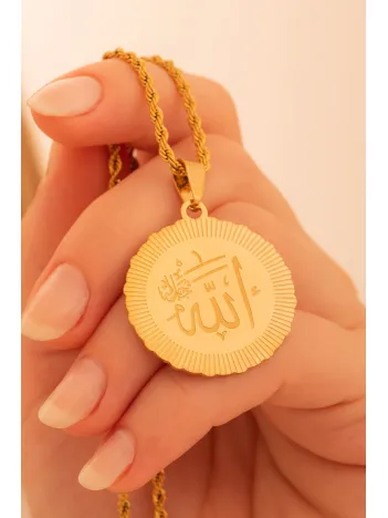 Kadın Çelik Kolye -Altın Kaplama Allah Yazılı Yuvarlak Model Çelik Kolye