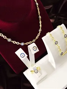 Altın Kaplama Sonsuzluk Temalı Gümüş Gerdanlık Bileklik Yüzük Küpe Takı Seti