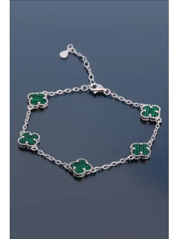 Erkek Gümüş Bileklik - Şans Dört Yaprak Motifli Yeşil Oniks Taşlı Bilezik