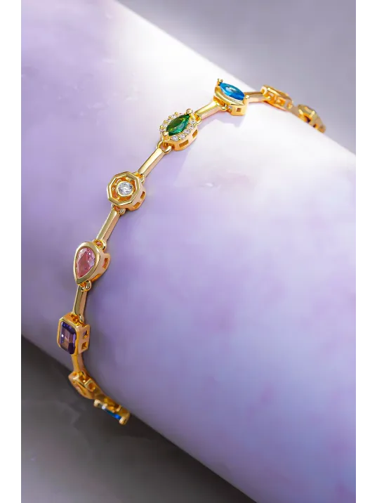 Kadın Renkli Taşlı Altın Kaplama Zarif 925 Ayar Gümüş Kolye Bileklik Set