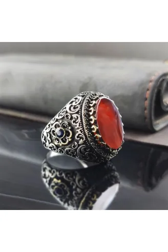 Dalga Desenli Kırmızı Kehribar Taşlı Gümüş Erkek Yüzük  GYZGMSGUMSD
