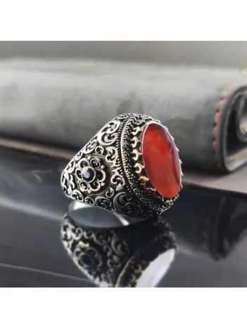 Dalga Desenli Kırmızı Kehribar Taşlı Gümüş Erkek Yüzük  GYZGMSGUMSD