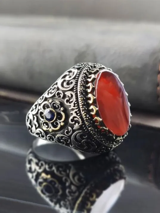 Dalga Desenli Kırmızı Kehribar Taşlı Gümüş Erkek Yüzük  GYZGMSGUMSD