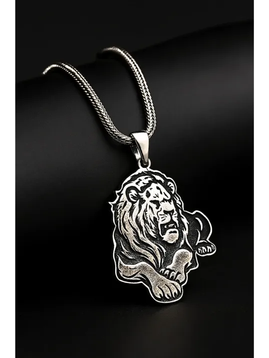 Erkek Gümüş Kolye - Aslan Model 925 Ayar Gümüş Erkek Kolye