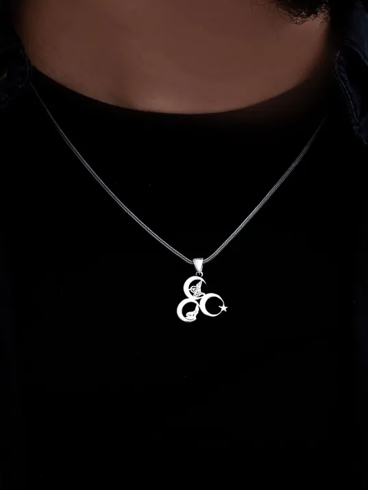 Üç Hilal Tuğralı Bozkurtlu Ay Yıldızlı Ülkücü Erkek Gümüş Kolye Zincir